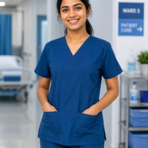 Home stretchable (2way) women navy blue v neck with straight pant scrub set
